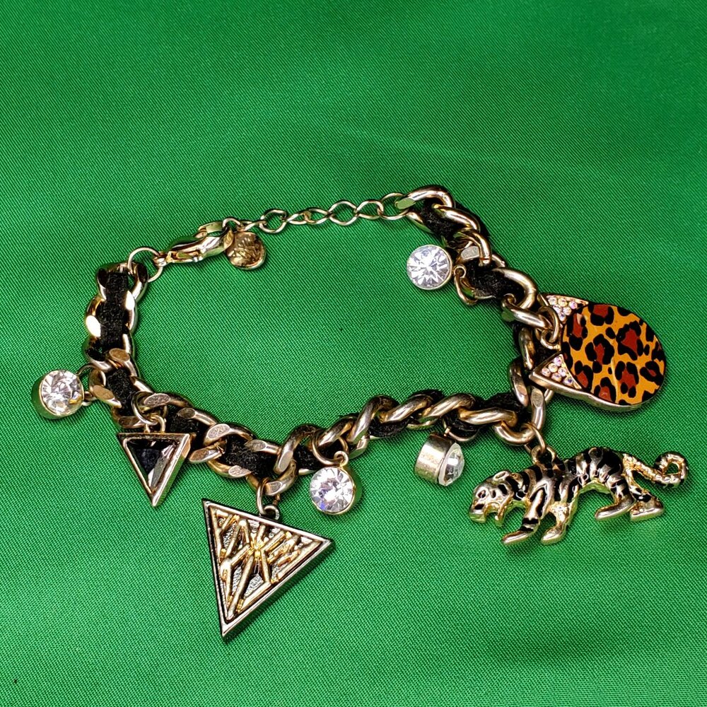 Charm Bracelet by Prism Tiger Cat Leather Cord Kitty Gold Tone Chain 7-1/2"